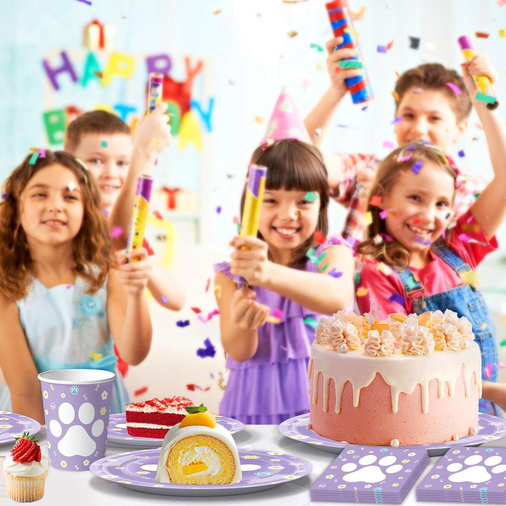 Cute Dog Paw Birthday Party Tableware Set: Cups, Napkins, Tablecloth, and Flags.