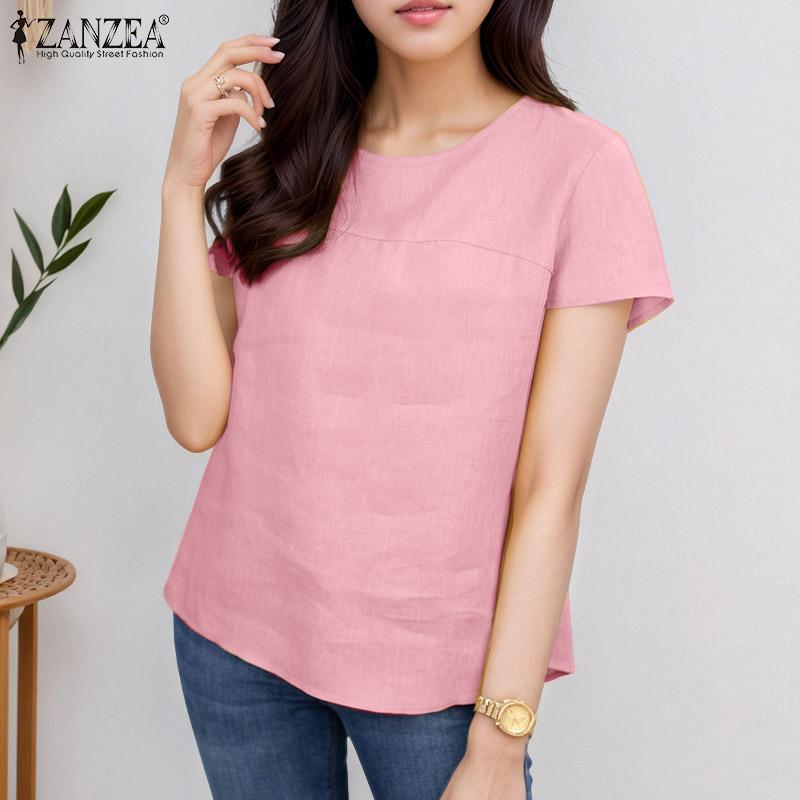 ZANZEA Women Summer Round Neck Solid Color Casual Short Sleeve Blouse