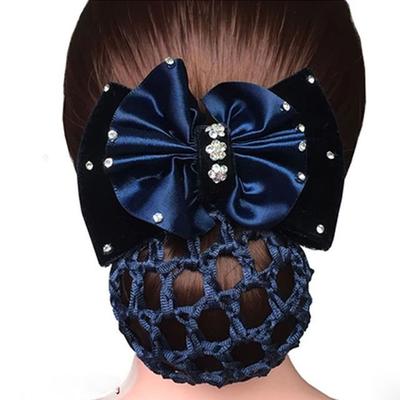 Fashion Rhinestone Barrette Lady Satin Bowknot Hair Accessories Net Bun Snood Hair Clip Cover