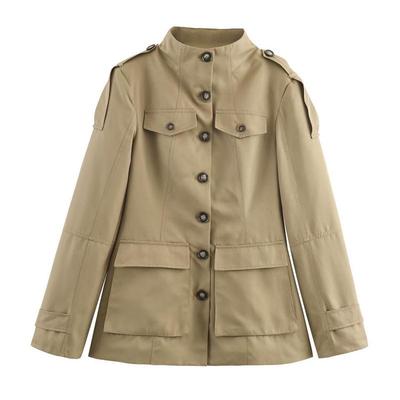 European & American Women’s Fashion Stand Collar Jacket with Cinched Waist & Decorative Pockets