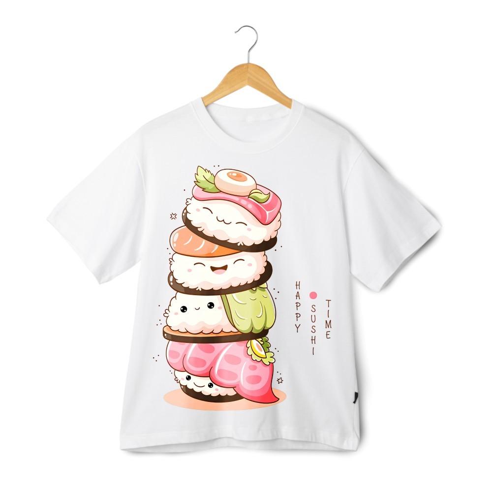 Happy Sushi Time T-Shirt Kawaii Sushi Stack Cute Japanese Food Lover Graphic Tee M