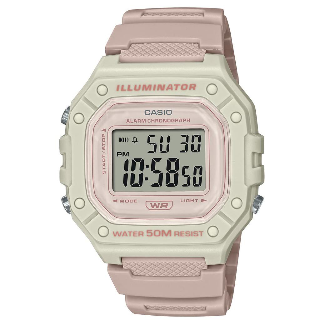 CASIO W-218HC Slim, Lightweight, Waterproof, Square Digital Watch for Men, Women, and Kids (Pink Beige/Ivory)