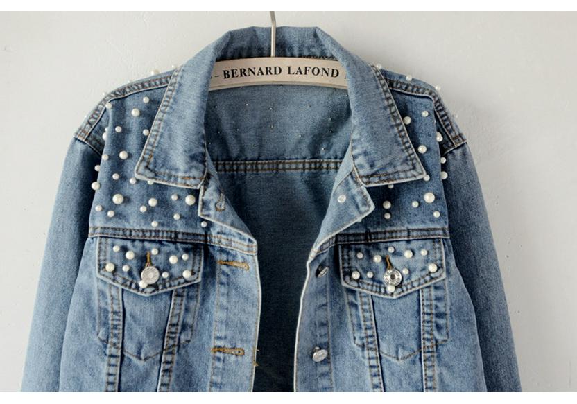 Women's Beaded Pearl Ulzzang Denim Jacket - Loose Fit, Spring/Autumn