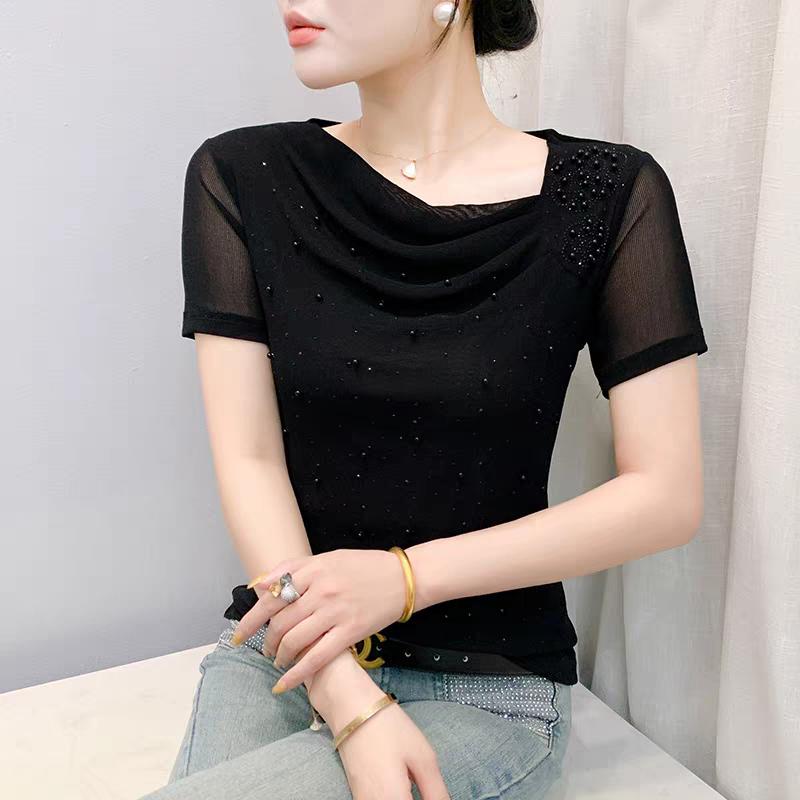 

Летняя женская роскошная футболка Hot Diamonds, шикарная футболка с косым вырезом и короткими рукавами, женская эластичная сетчатая футболка с бисером, сексуальные топы M чёрный