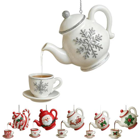 Yousheng Christmas Teapot Ornament Holly Vintage Tea Cups And Pot Set Xmas Tree Hanging Ornaments 2D Acrylic Teapot Decor with Pouring Tea Effect