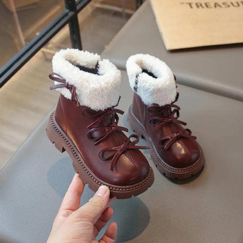 Mode Mädchenschuhe Warme Mädchenstiefel Niedliche Schleife Kinderschuh Schlichter Klassischer Stiefelette Vielseitiger Kurzer Stiefel Bequemer Süßer Baumwollschuh