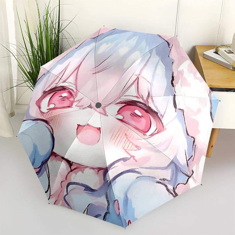 

1pc Anime Character with Pink Hair and Red Eyes Automatic Opening/Closing Outdoor Umbrella - Portable Three-Fold Design, 8-Rib Iron Frame Outdoor