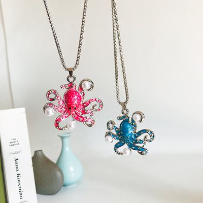 Creative Cute Inlaid Imitation Pearl Zircon Oil Dripping Octopus Necklace Creative High-End Sweater Chain Matching