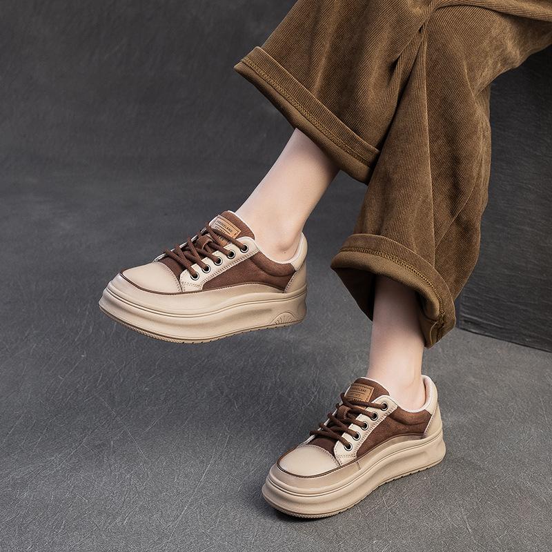 Spring Genuine Leather Platform Sneakers Women Thick Sole Wipe Color Casual Loafers Comfortable Round Toe Shoes