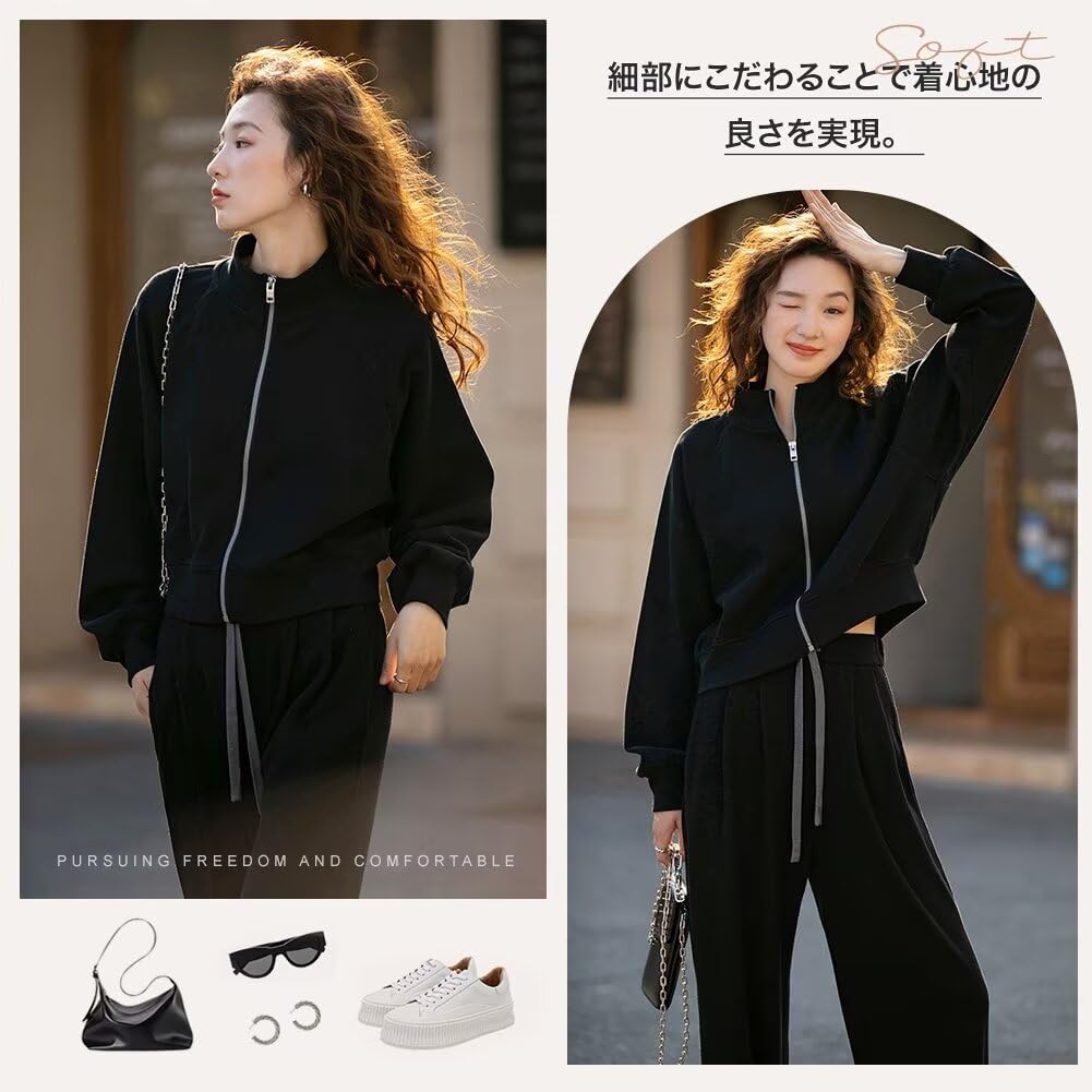 Muxuryee Tracksuit Training Loose Size Medium Women's Set, Sweatshirt, Hoodie, Sportswear, Wear, Loungewear, Casual, Fit, 331, Black,