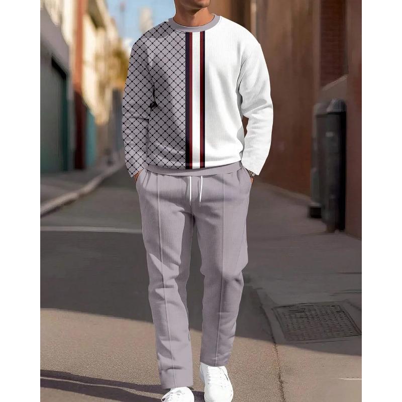 Men's Casual 2-Piece Set Comfortable Long-Sleeved Printing Round Neck Man T-Shirt and Drawstring Sport Two-Piece Sets