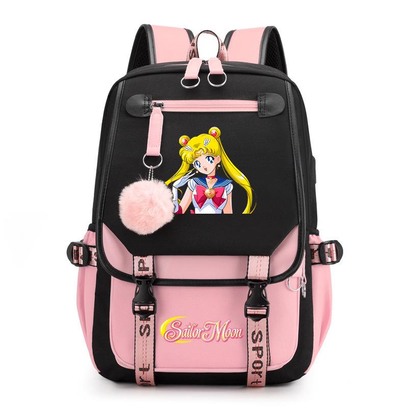 Sailor Moon Cute Anime Printed Student School Bag USB Interface Large Capacity Canvas Bag Computer Bag