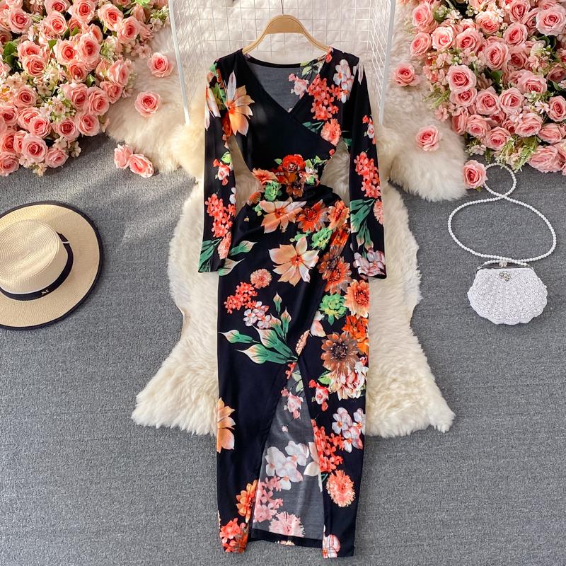 

RUGOD Осеннее модное темпераментное сексуальное тонкое платье с разрезом и v-образным вырезом, модное платье с длинными рукавами, длинное платье