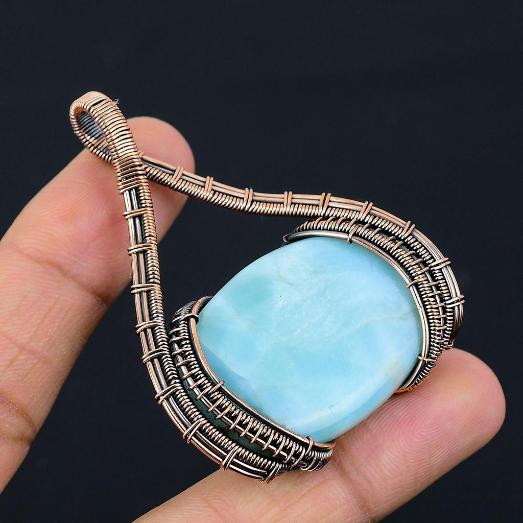 Larimar-Edelstein, reiner Kupferdraht umwickelt, handgefertigter Designer-Anhänger-Schmuck für Sie