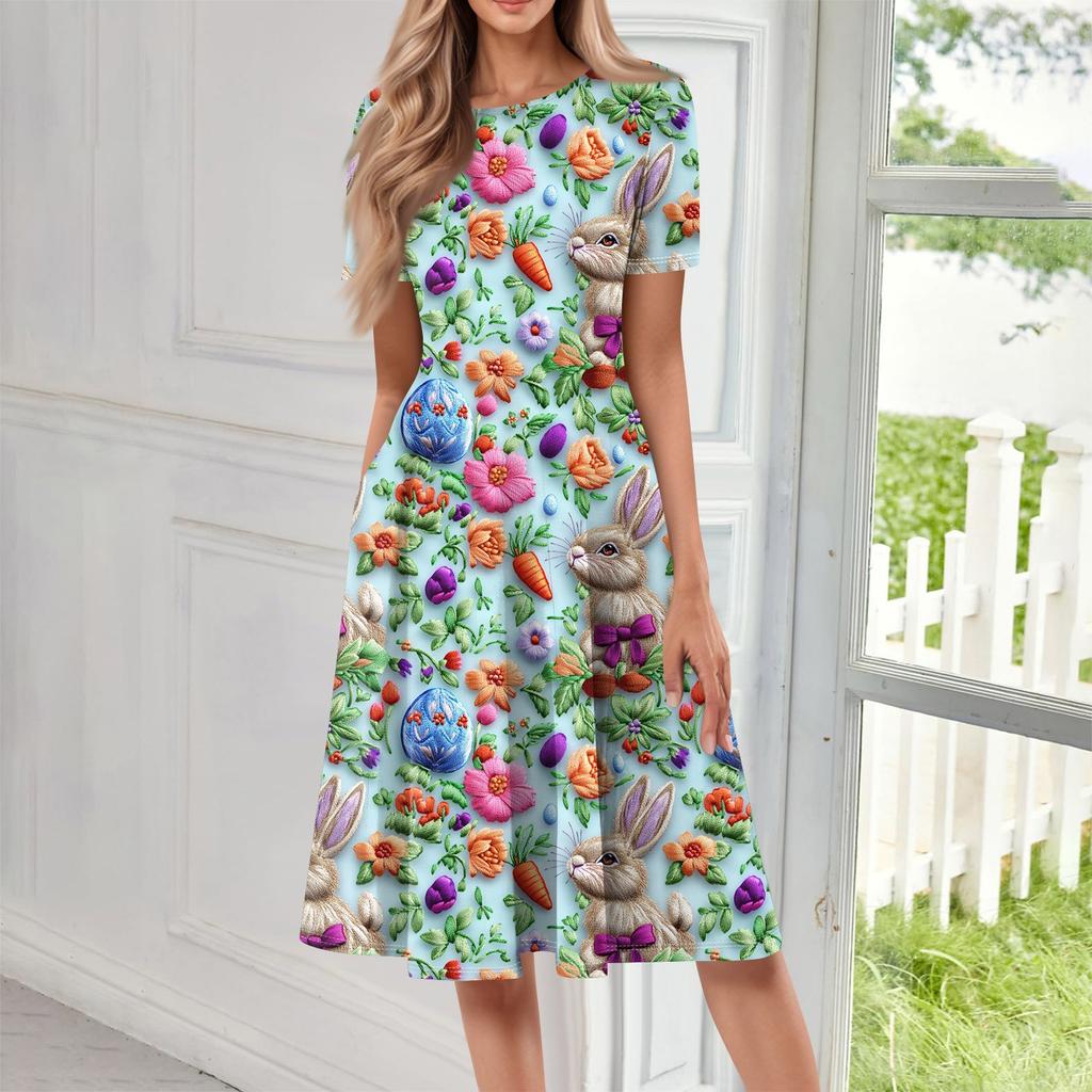 Robe mi-longue imprimée à manches courtes et col rond pour femme, ample, décontractée et tendance