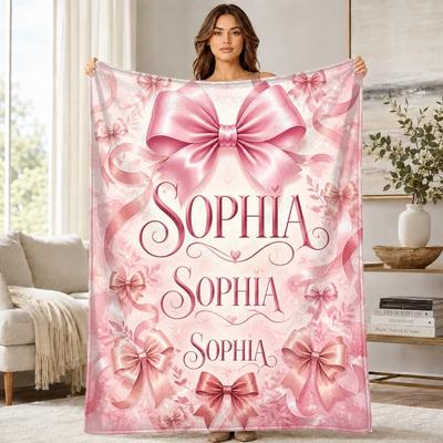Sophia Pink Bows Coral Fleece Blanket Personalized Ribbon Decor
