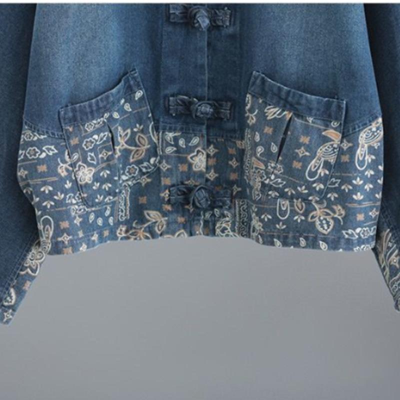 Ensemble Denim Grande Taille à Col Montant, Splicing Style Ethnique Femme, Ensemble Jean Deux Pièces Boucle Ample et Tendance