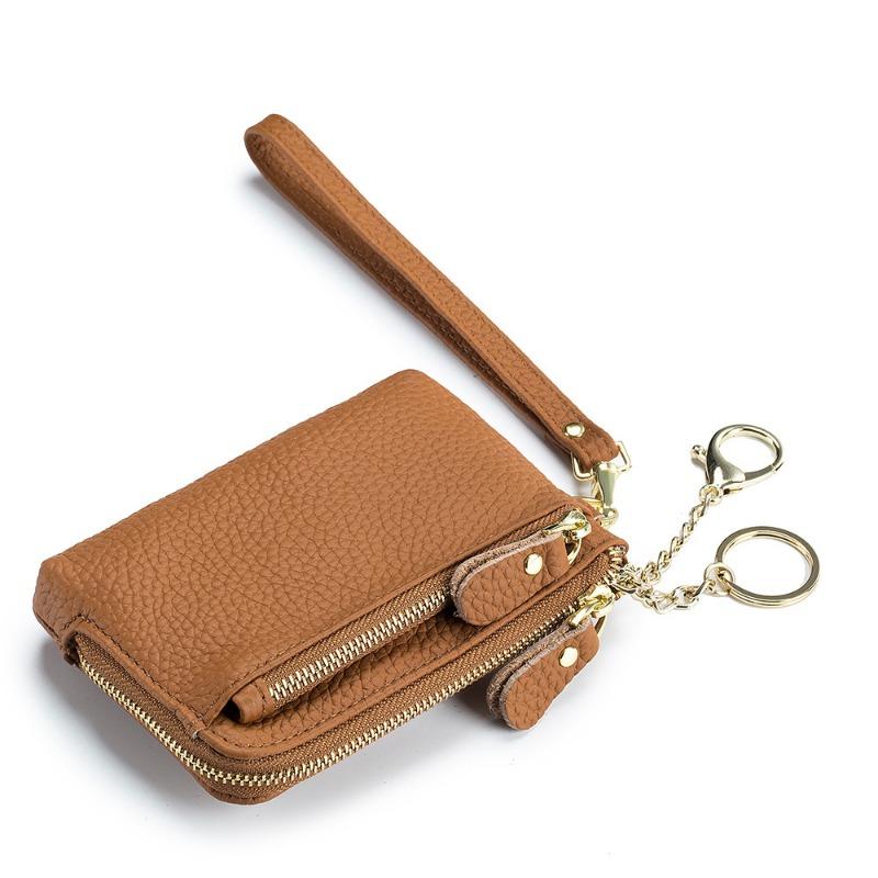 Dame PU Læder Dobbelt Lynlås Møntpung Håndledsrem Pung Stor Kapacitet Kortindehaver Nøglepung Lille Clutch Taske med Nøgleringsrem