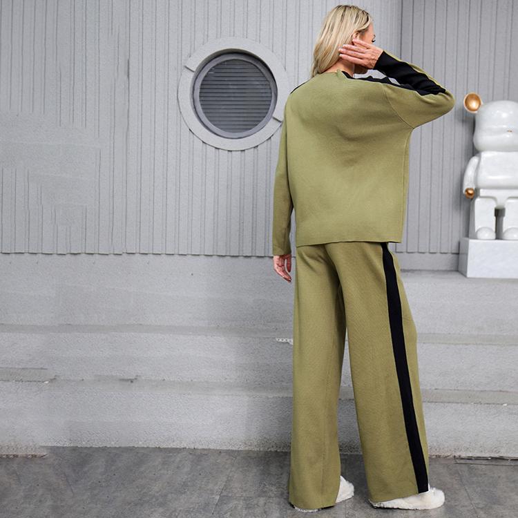 Conjunto de dos piezas de suéter de punto casual para mujer de otoño invierno, tops de manga larga tipo jersey y pantalón de pierna ancha, chándal