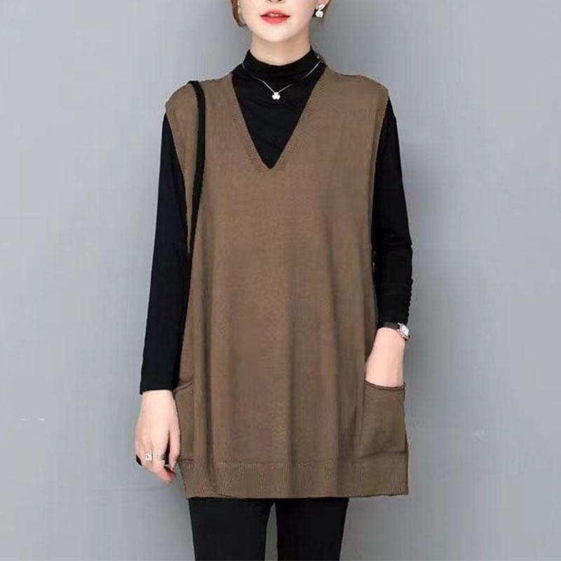 

Весна Осень Женская Одежда Безрукавный Свитер Пальто V-образный вырез Карманы Винтажный Корейский Длинный Модный Повседневный Свободный Вязаный Жилет Топы 4XL верблюд