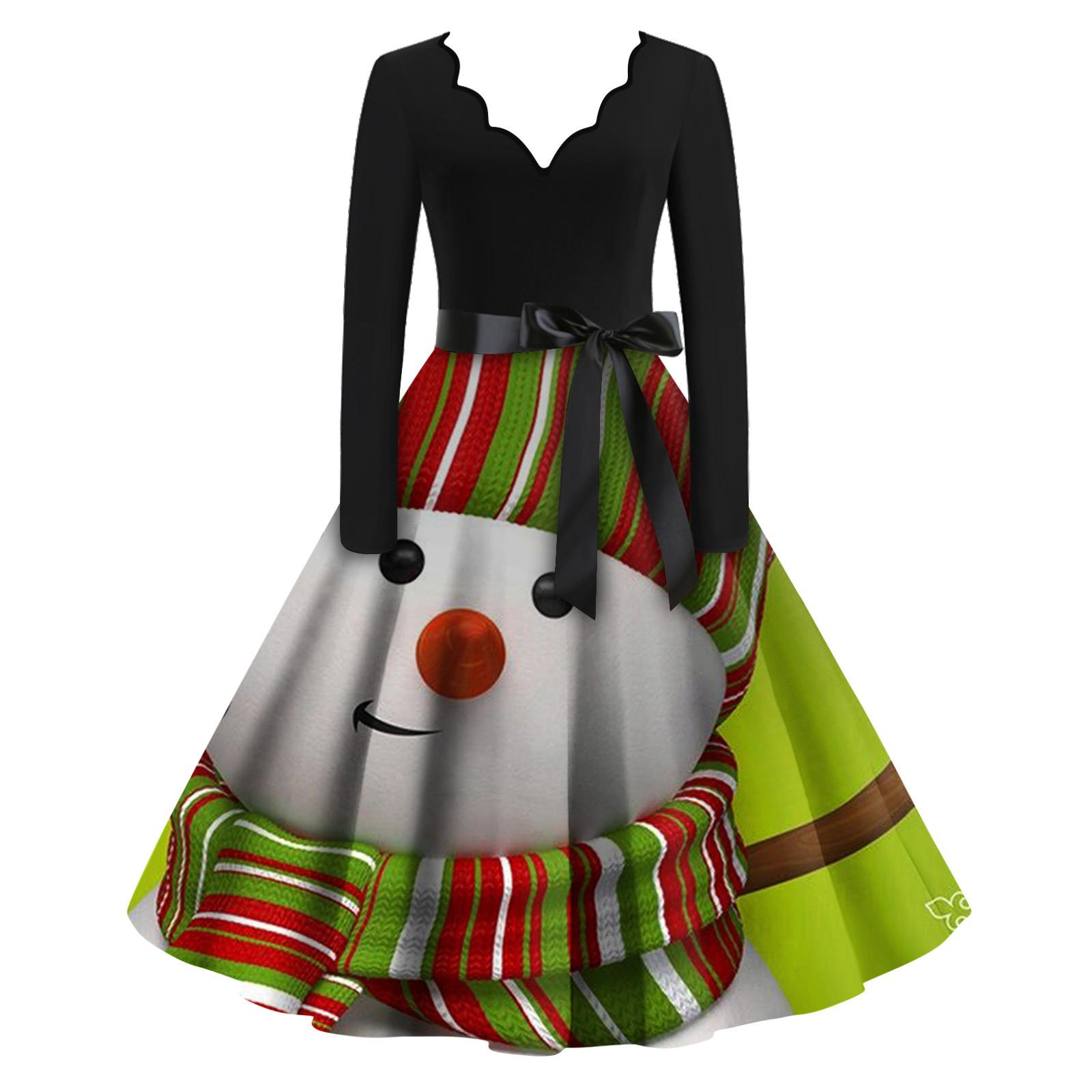 

Женские модные повседневные тонкие рождественские платья с длинным рукавом с v-образным вырезом и принтом M зелёный