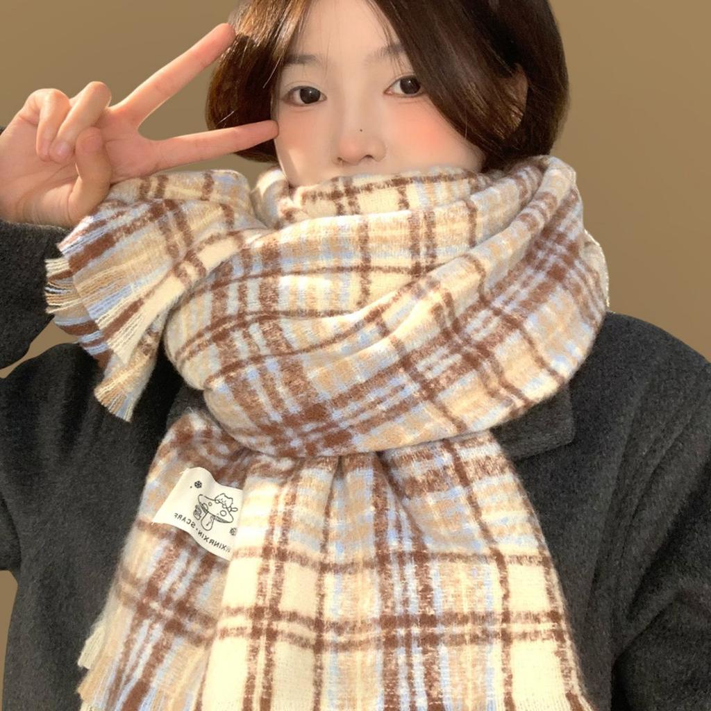 Sea Salt Cheese Plaid Scarf Women's New Winter Korean Imitation Cashmere Warm Large Shawl Scarf Student