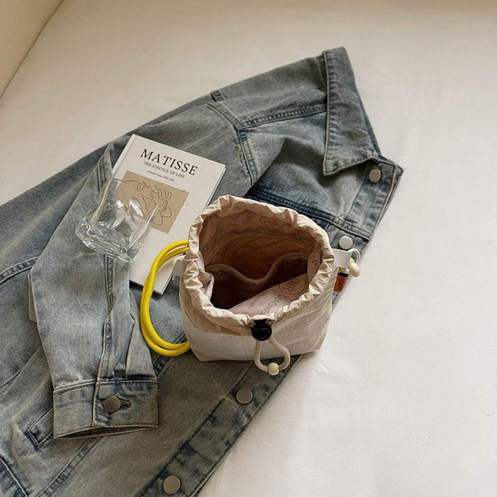 Shoulder Strap Small Drawstring Bucket Bag Quick Drying Nylon Water Bottle Holder Front Pocket Large Opening