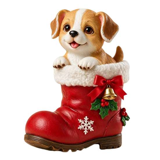 Puppy in Boots Figurine Christmas Santa Boot Resin Figurine, Cute Dog Holiday Tabletop Decor with Seasonal Living Room Accents Bow Bell Holly, Festive