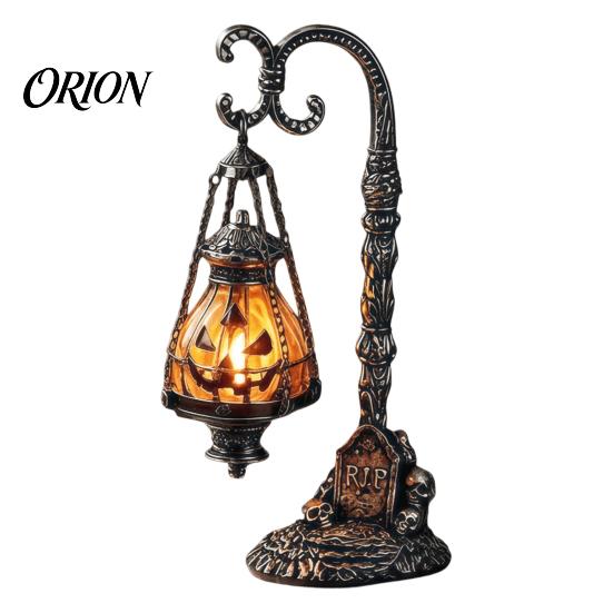 Collectible Tombstone Base Lamp Gothic Pumpkin Stand Lantern with Warm Light, Decorative Resin Desktop Photo Set Light Lamp, Healing Atmosphere