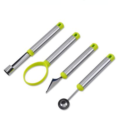 4 in 1 Set di strumenti per frutta in acciaio inossidabile Set di palline per anguria Strumento per rimuovere il torsolo di mele Coltello da intaglio per frutta Strumento per separare la polpa della frutta