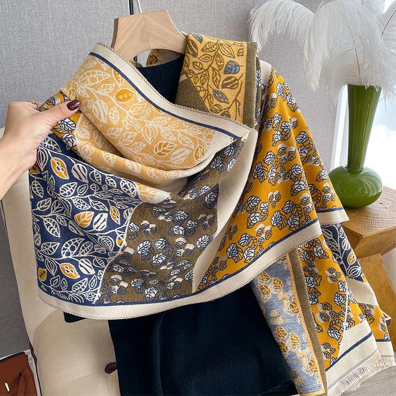 Luxury Cashmere Fallen Leaves Scarf Winter Women Pashmina Shawls Warm Blanket Wraps Female Foulard Bandana Thick Scarves Hijab