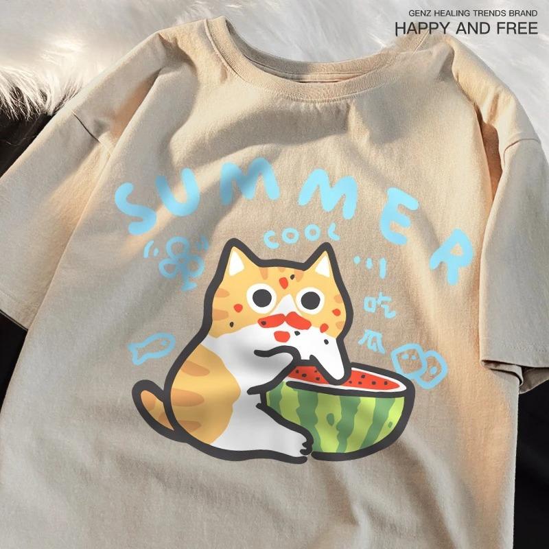 

Едя Дыни Апельсины Кошки Смешные Кошки с принтом Женская Футболка Приталенная Крутые Футболки Досуг Футболка Топы 4XL