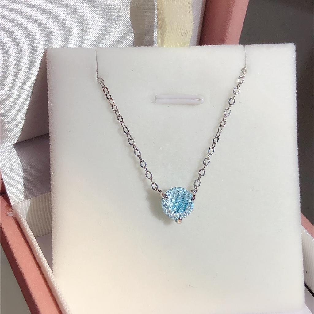 Simple High-End Atmosphere Claw Set Fireworks Cut Sea Blue Zirconium Necklace Fashion Light Luxury Diamond Collarbone Chain Women