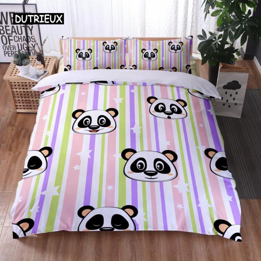 Cartoon Panda Duvet Cover Set King Cute Panda Drinking Water Twin Bedding Set Microfiber Kawaii Black White Bear Comforter Cover