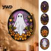Spooky Home Wall Decorations Halloween Oval Sign, Layered Wooden Decor Cute Ghost Bat Retro Style Holiday Props Pumpkin Witch Designs, Festive