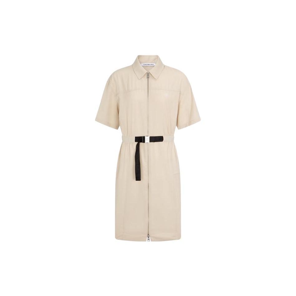 Calvin Klein Logo Woven Belted Zip Collar Short Sleeve Dress Women dresses Light-Khaki J221119-ACI