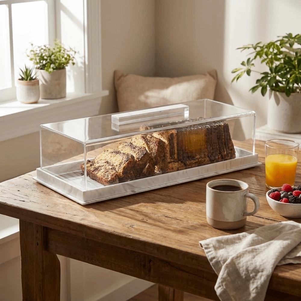 Marbled Pattern Rectangular Acrylic Bread Box Dust-proof Non-slip Bottom Dessert Display Rack with Clear Lid Cake Display Tray