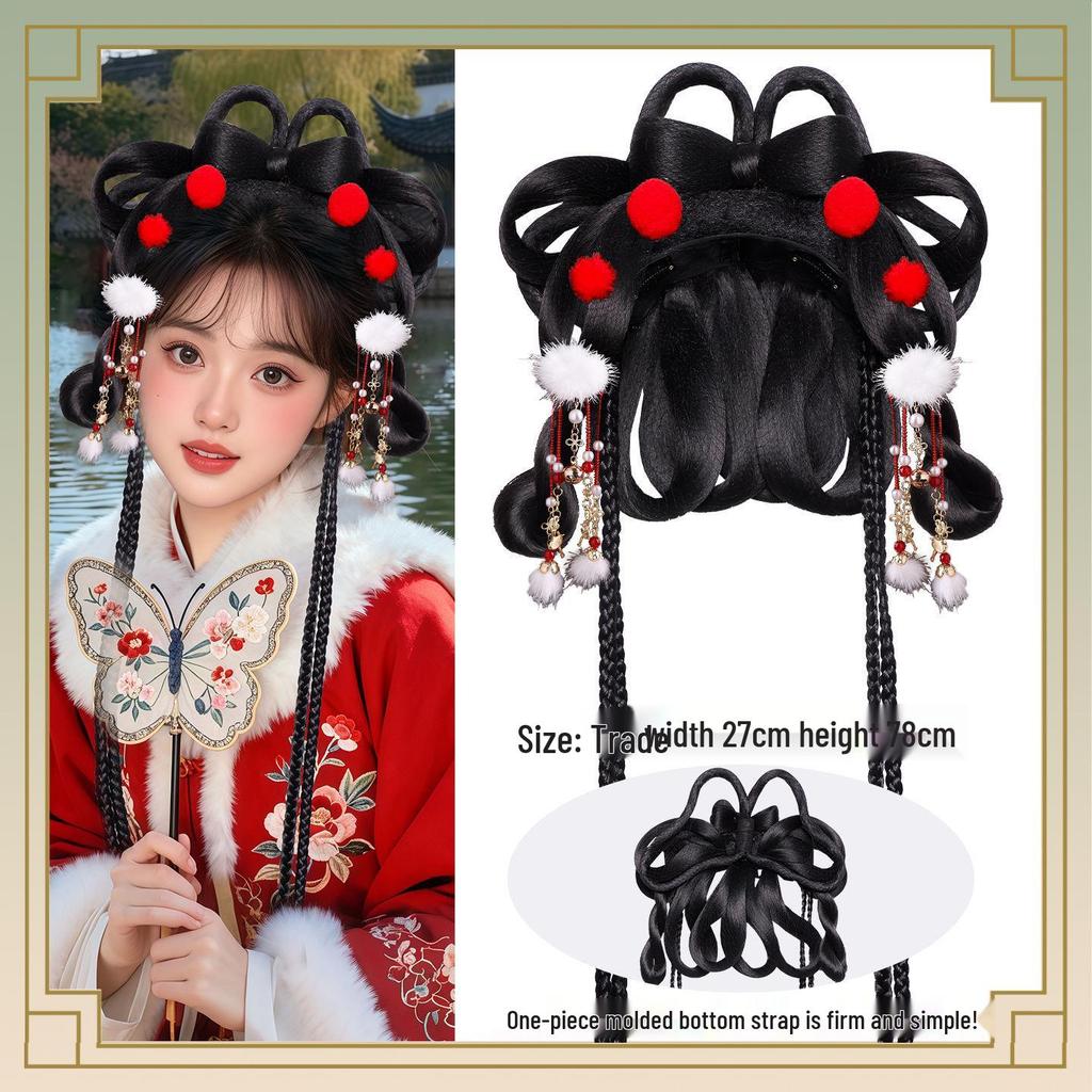 Herbst/Winter Hanfu Perücke und Pompon Stirnband Haaraccessoires Set
