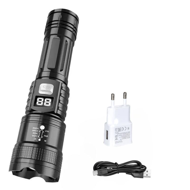 Rechargeable LED Flashlight Zoomable Torch with LCD Display 3 Modes Waterproof High Power Hand Light Outdoor Wilderness Camping
