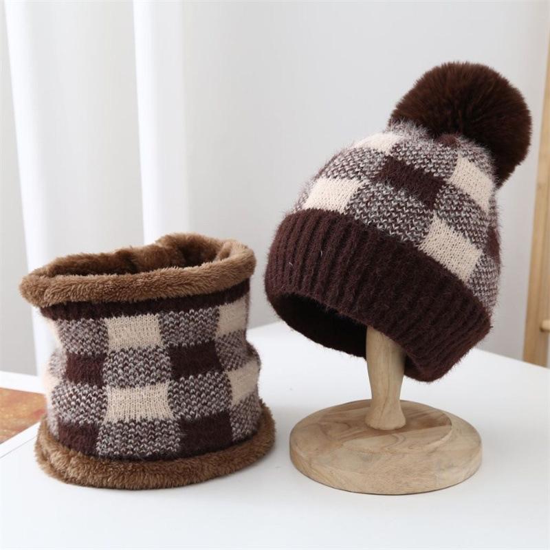 Hat Women's Autumn and Winter Plaid Scarf Hat Two-piece Set Fashion Versatile New Trendy Women's Knitted Hat Wool Hat