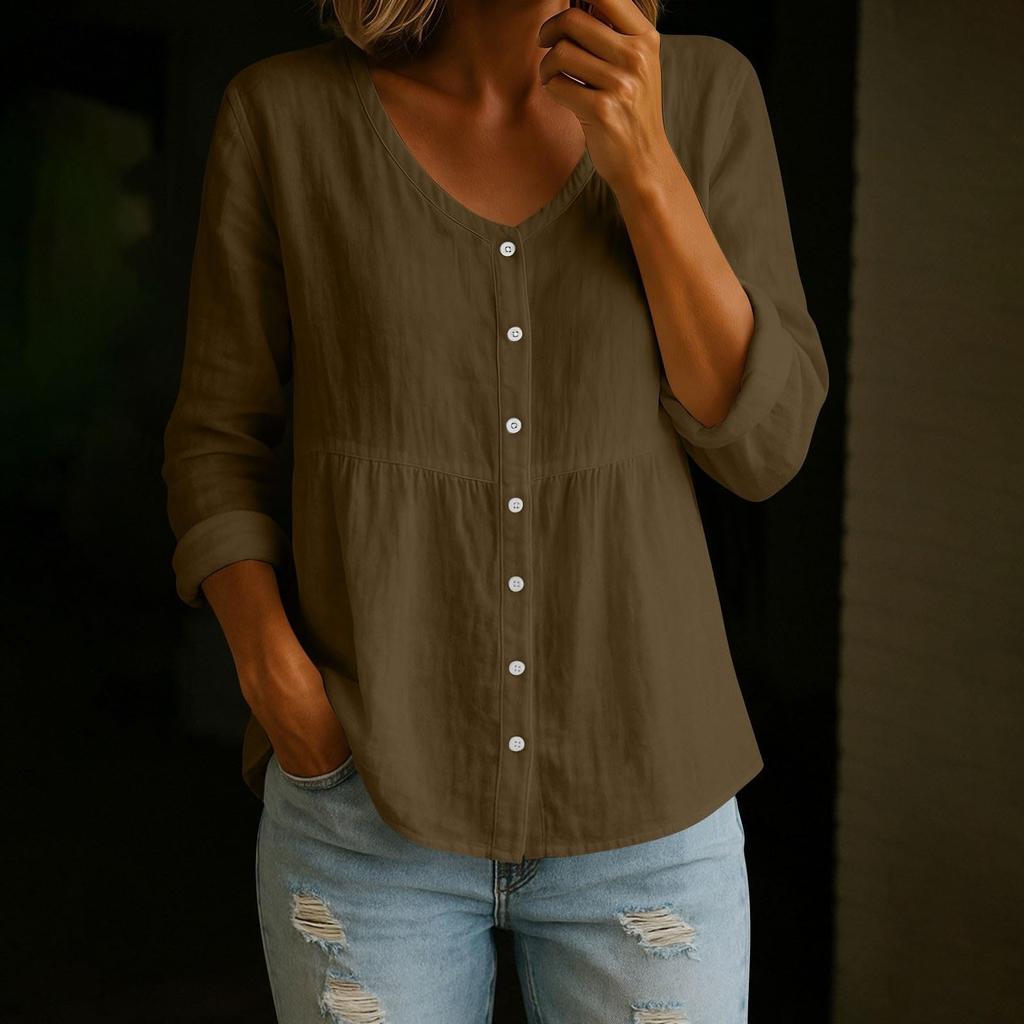 Modisches Damen V-Ausschnitt Leinen Langarmshirt Locker Lässig Knopfleiste Oberteil Für Frühling Und Pendeln