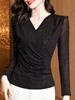 Korean Mesh Print Cross V-neck Bottoming Shirt Women's Fall Inside The Long-sleeved T-shirt Glitter Silk Tops Fashionable Small Shirt