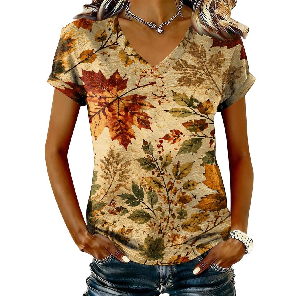 Women's V-Neck Short Sleeve Top with Maple Leaf Print for Casual Everyday Wear