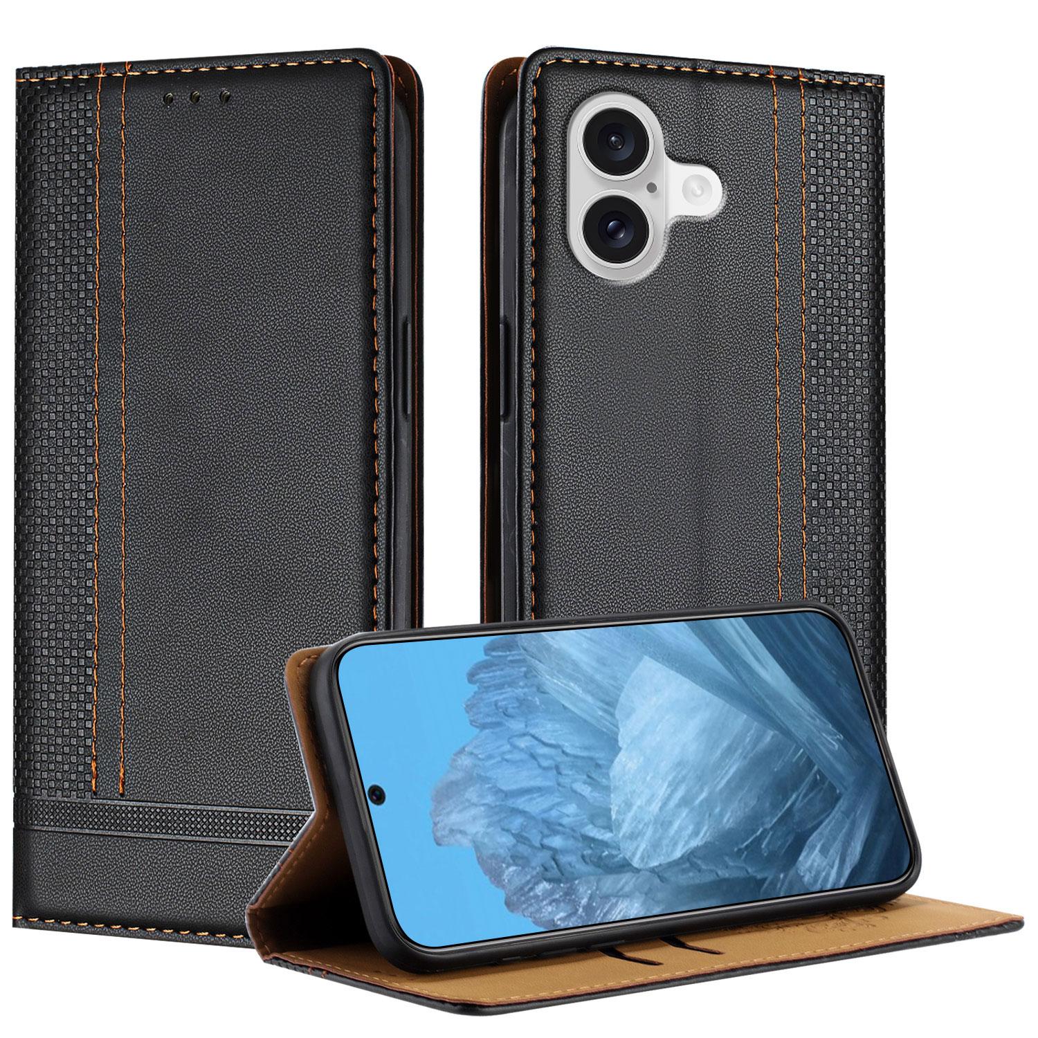 

For iPhone 17 Case L-Shaped Grid Pattern Leather Stand Phone Cover with Card Slots Black