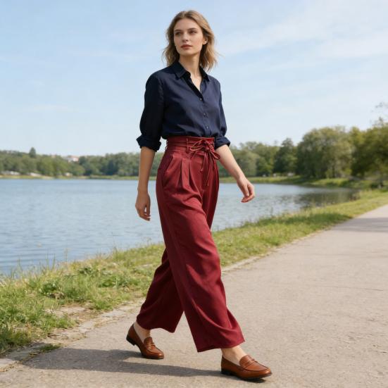 Women Pants High Waist Lace-up Casual Wide Leg Trousers with Pockets Pure Color Design Loose Fit Long Pants Daily
