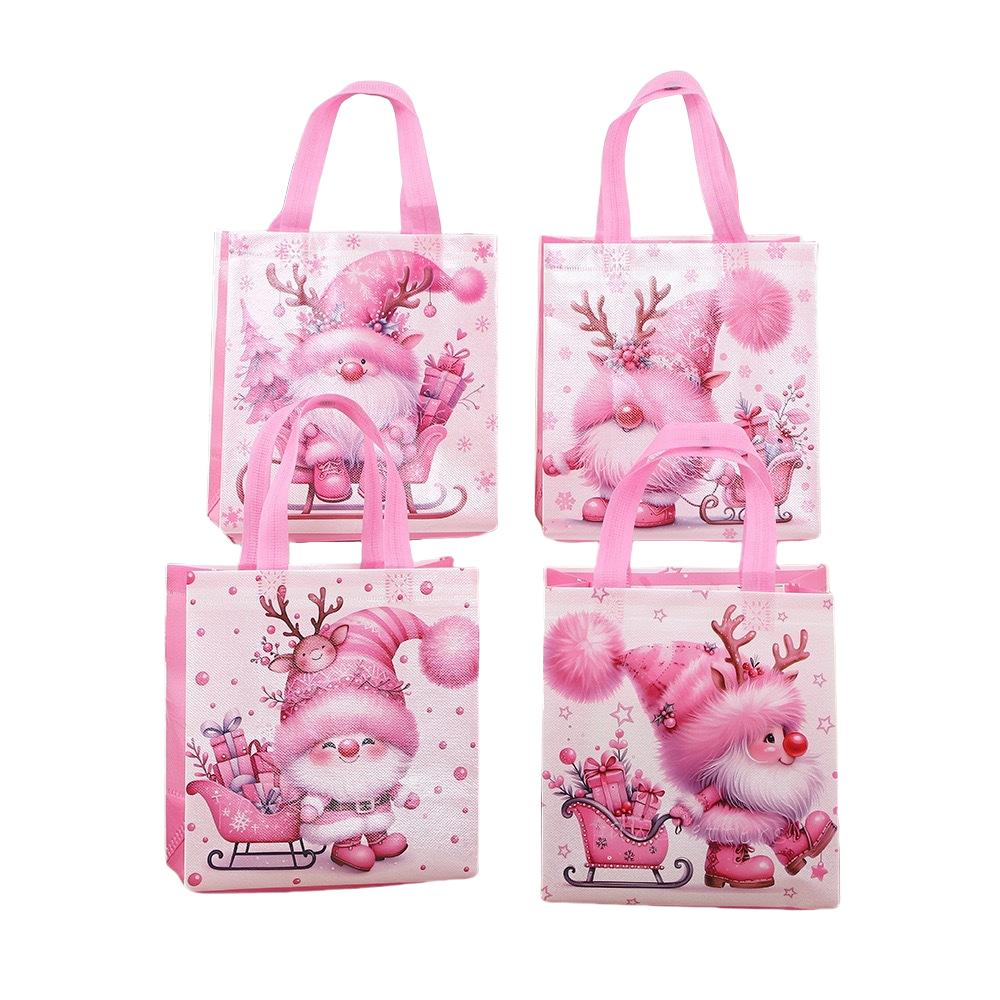 StoBag Pink Christmas Gift Bags Cute Santa Sleigh Design Non-Woven Holiday Tote Bags for Girls’ Winter Parties and Candy