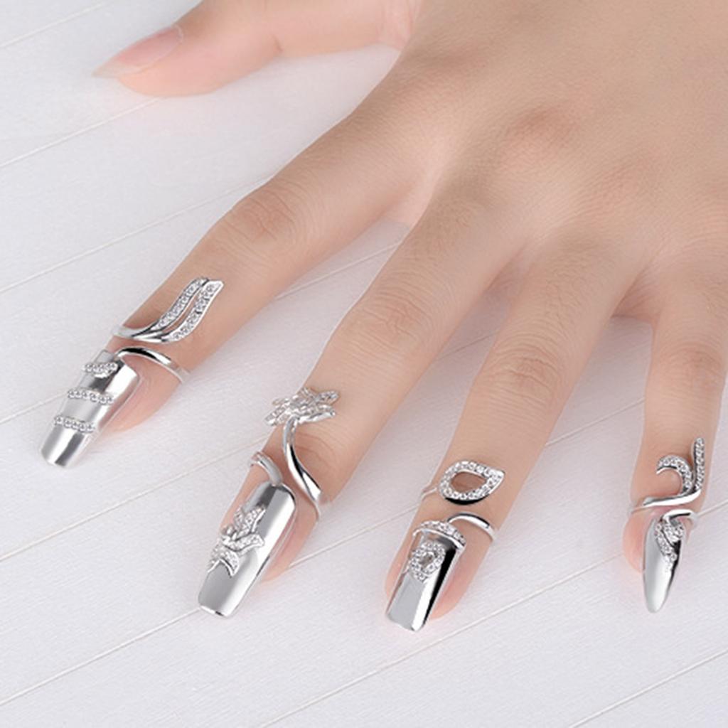 4pcs Adjustable Knuckles Rings for Women Fashionable Personality Nail Ring Crystal Flower Finger Joint Rings Accessory