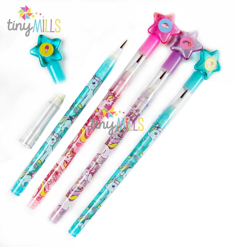 Tiny Mills Unicorn Stackable Push Pencil Set with Pink Birthday Party Carnival Classroom Pinata 24 Pencils per Multicolor 24-Piece Erasers, Unicorn,