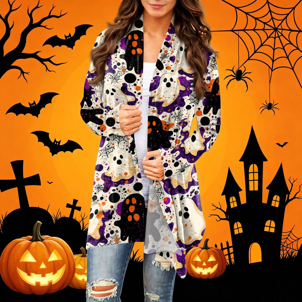 Women's Casual Halloween Printed Long Sleeve Mid-Length Cardigan Jacket for Fall