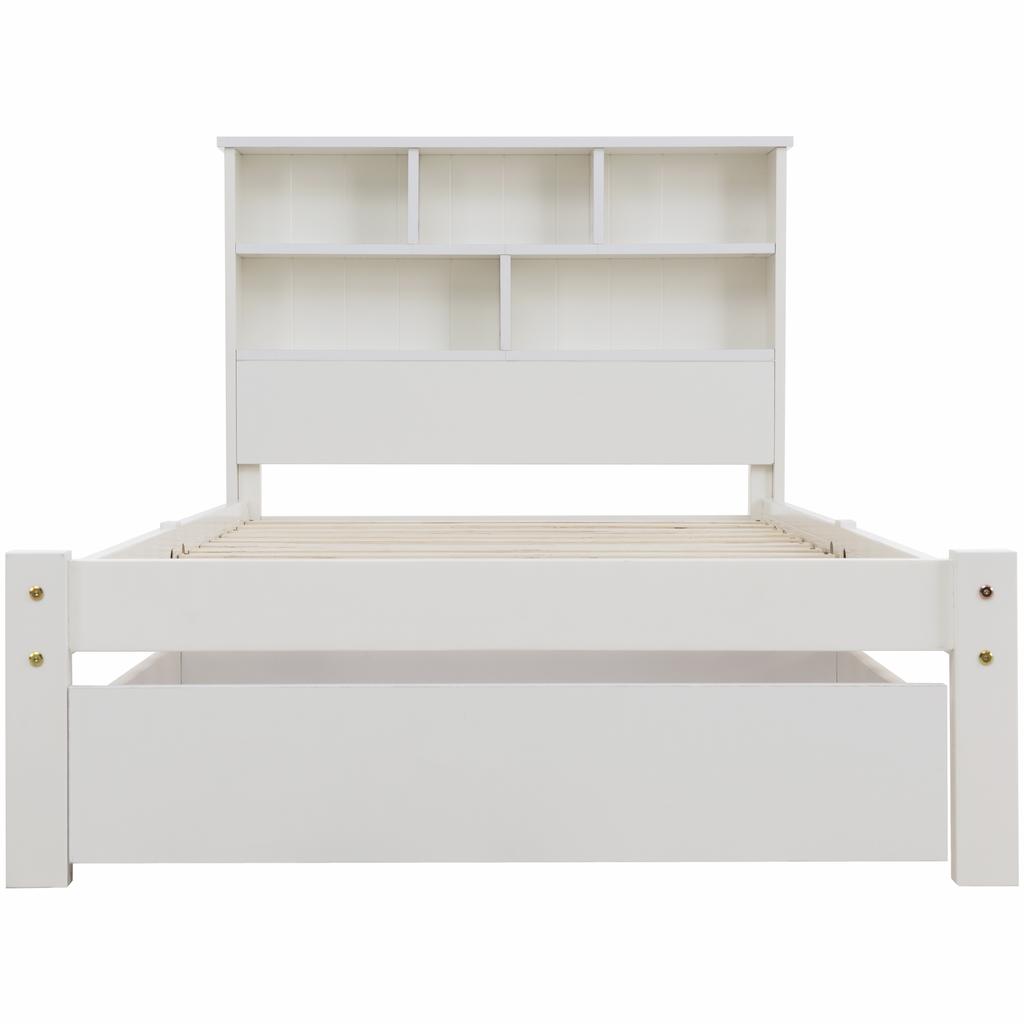 Solid Wood Single Bed with Drawers and Slatted Base, Bookshelf Teenagers and Adults Children's Bed, 90x200cm White